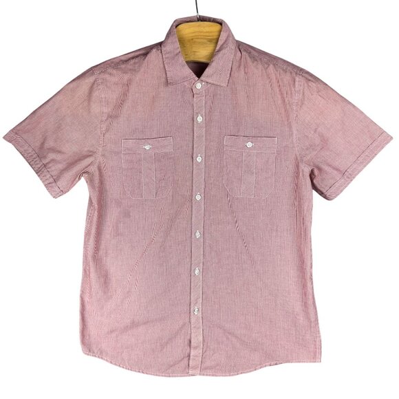 Direction Los Angeles Mens M Red White Striped Button-Up Short Sleeve Pockets - Picture 1 of 8